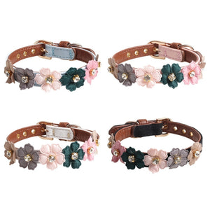 Pet Adjustable PU Collar for Small Medium Dogs Shiny Lovely Colorful Flowers with Shiny Diamonds
